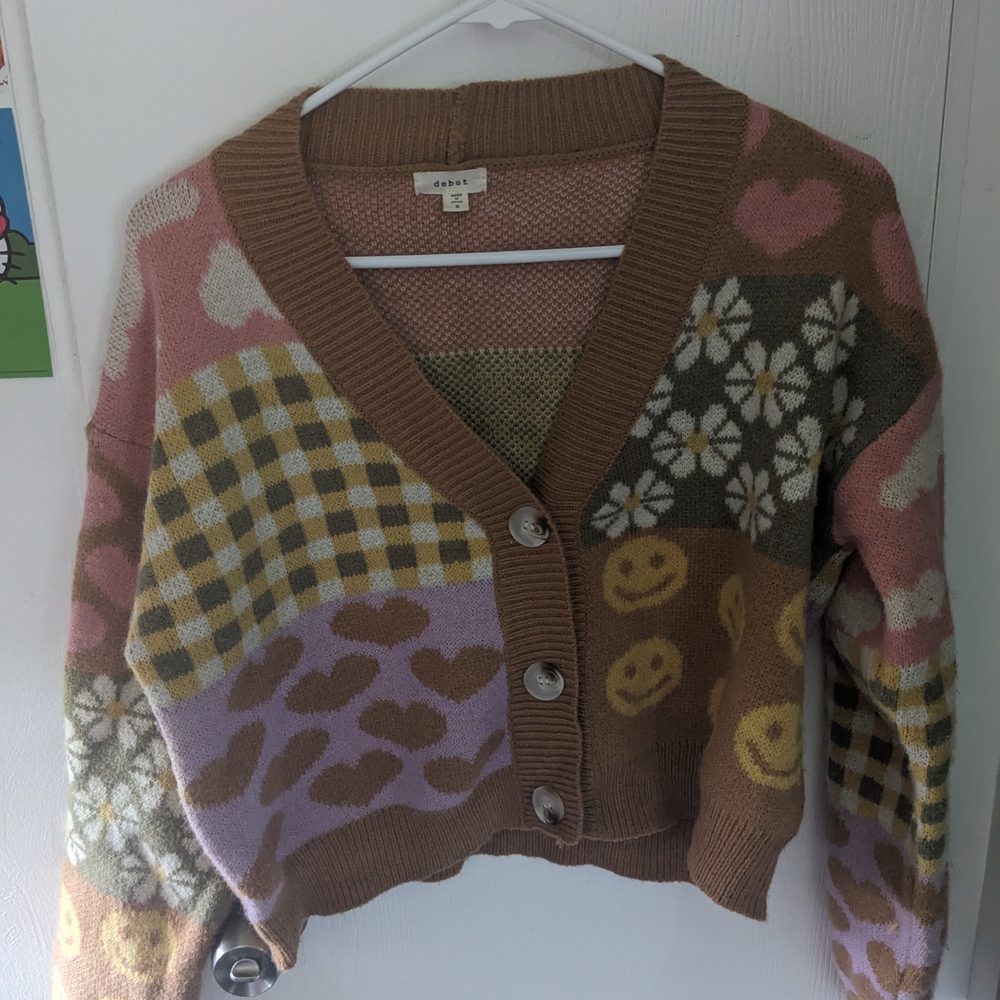 Ganni Pink and Brown Patchwork Cardigan Sweater